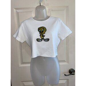 Vintage Looney Tunes Tweety Bird Embroidered Womens White Crop Top T-Shirt
